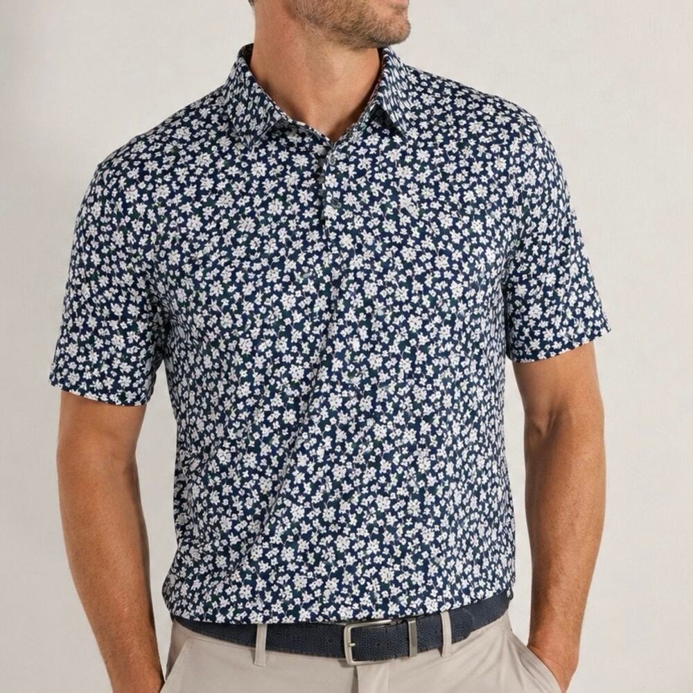 Rhoback The Dogwood Blue Floral Print Shoal Masters Golf Polo L